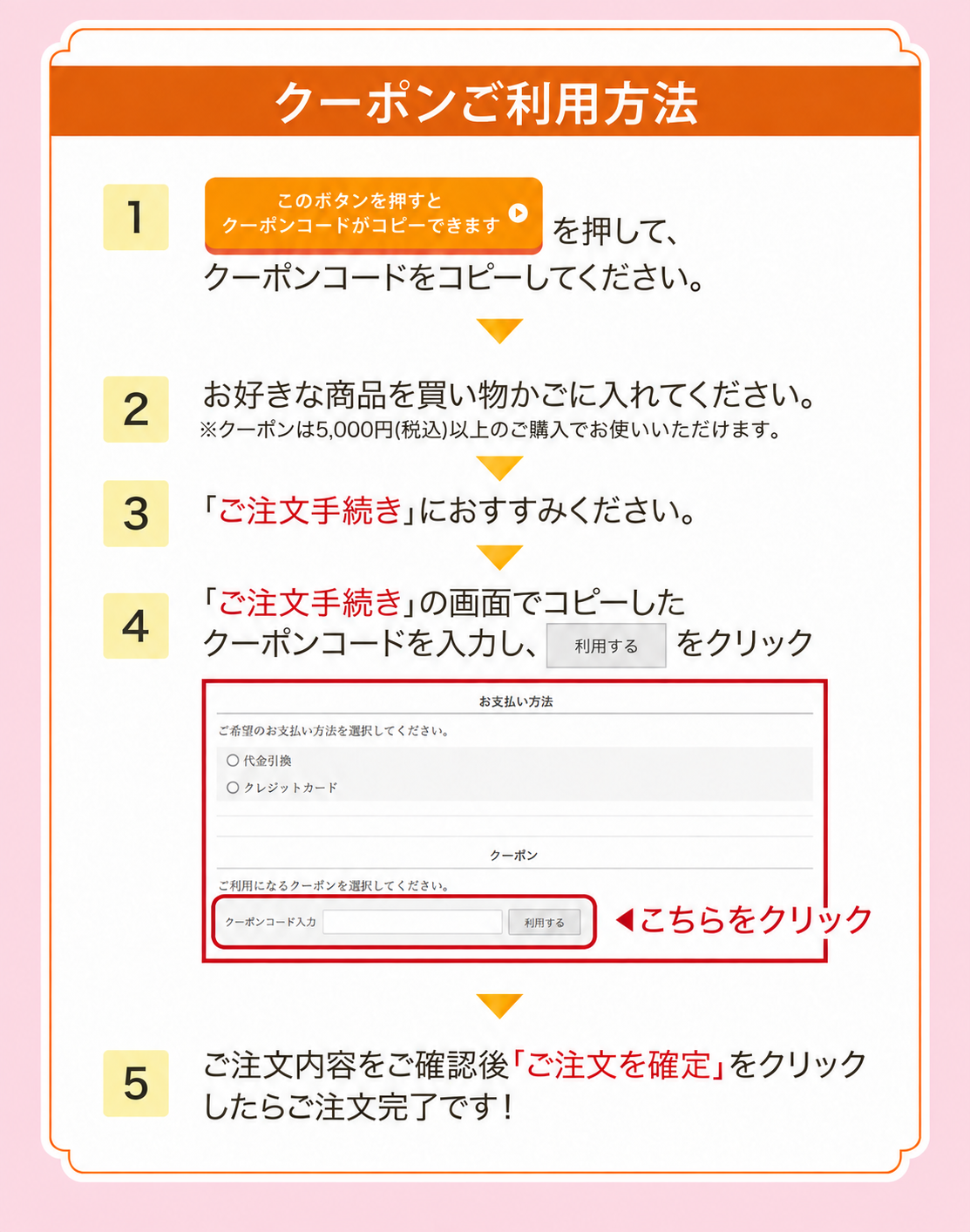 クーポンご利用方法。1.クーポンコードをコピーする。2.商品を買い物かごに入れる。3.「ご注文手続き」に進む。4.コピーしたクーポンコードを入力し、利用する をクリック5.ご注文内容をご確認後「ご注文を確定」をクリックしたら完了！